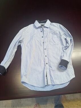 Report Collection Light Blue Micro-Pattern Dress Shirt with Contrasting Cuffs